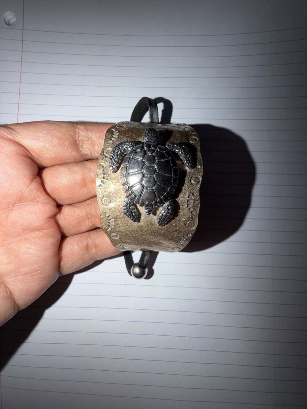 Artisan Sea Turtle Cuff Bracelet with Metal Plate and Leather Cord (#s003)
